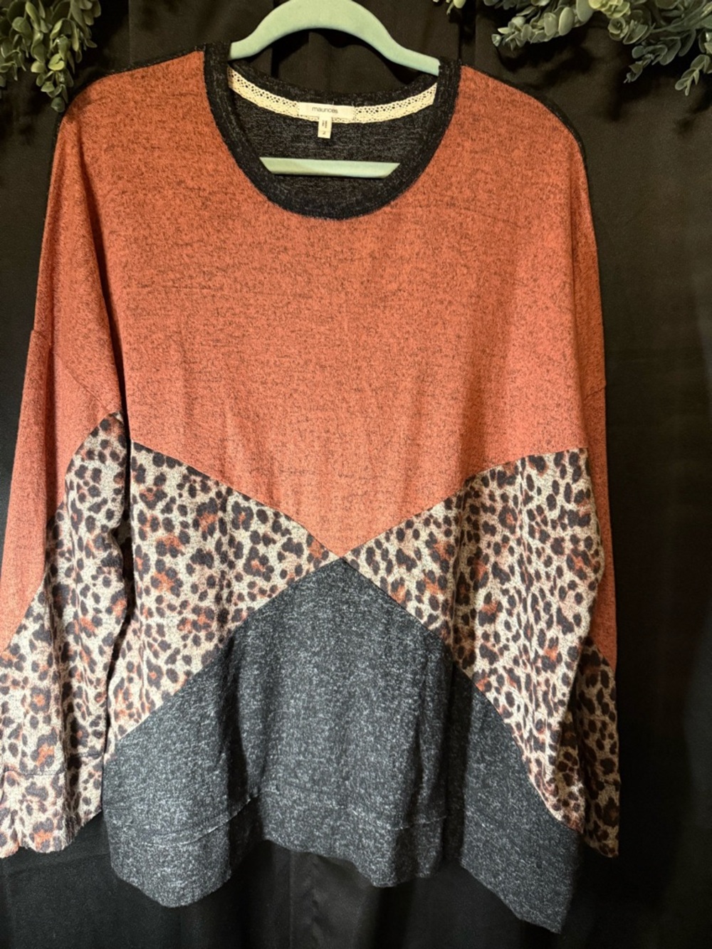 Maurices Rust Colorblock Leopard Print Long Sleeve Top 2X